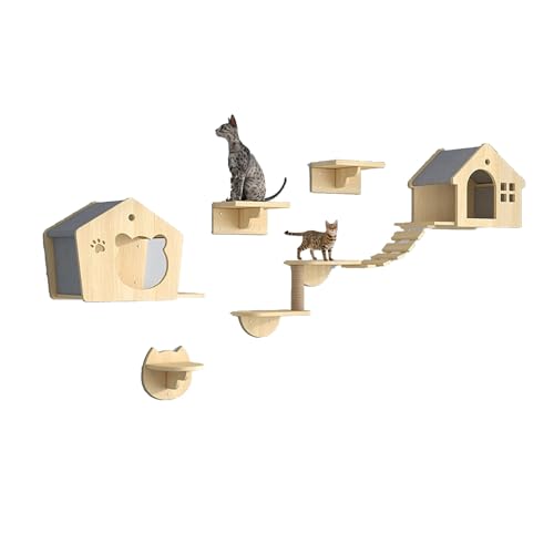 Pucaru Katzenwandregale, Katzenregale für Die Wand, Katzenmöbel aus Kiefernholz Zur Wandmontage, Kletterregale für Katzen für Den Innenbereich(7pcs) von Pucaru