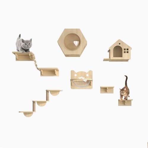 Pucaru Katzenwandregale, Katzenregale für Die Wand, Katzenmöbel aus Kiefernholz Zur Wandmontage, Kletterregale für Katzen für Den Innenbereich(9pcs) von Pucaru