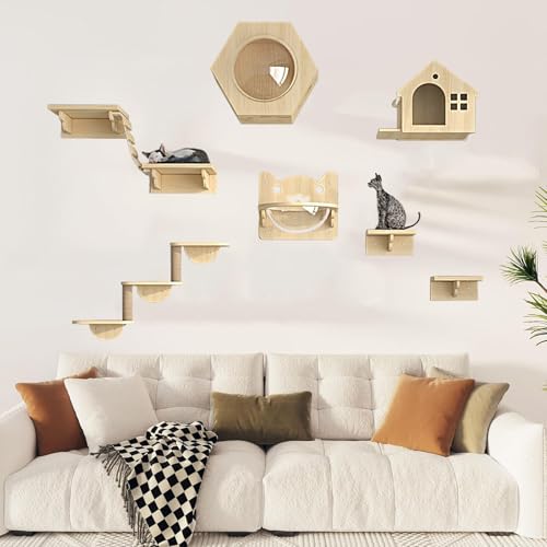 Pucaru Katzenwandregale, Kletterwand Katzen,Katzenwandregal Aus Holz, Wandmöbel, Katzenhaus für Hauskatzen Und Kätzchen(11pcs) von Pucaru