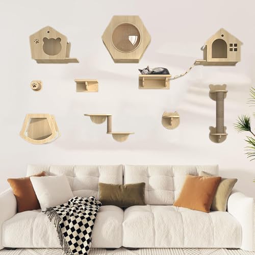 Pucaru Katzenwandregale, Kletterwand Katzen,Katzenwandregal Aus Holz, Wandmöbel, Katzenhaus für Hauskatzen Und Kätzchen(12pcs) von Pucaru