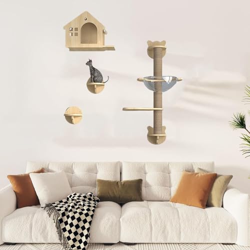 Pucaru Katzenwandregale, Kletterwand Katzen,Katzenwandregal Aus Holz, Wandmöbel, Katzenhaus für Hauskatzen Und Kätzchen(4pcs) von Pucaru