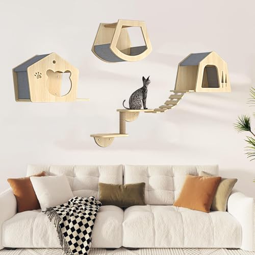 Pucaru Katzenwandregale, Kletterwand Katzen,Katzenwandregal Aus Holz, Wandmöbel, Katzenhaus für Hauskatzen Und Kätzchen(7pcs) von Pucaru