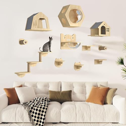 Pucaru Katzenwandregale, Kletterwand Katzen,Katzenwandregal Aus Holz, Wandmöbel, Katzenhaus für Hauskatzen Und Kätzchen(9pcs) von Pucaru