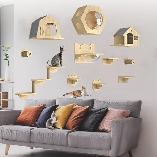 Pucaru Katzenwandregale Aus Holz, Kletterwand Katzen,stabile Katzenwandregale, Katzenhaus Und Wandsitzstangen, Katzenwand Zum Klettern und Schlafen(11pcs) von Pucaru