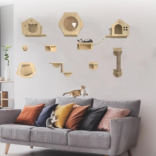 Pucaru Katzenwandregale Aus Holz, Kletterwand Katzen,stabile Katzenwandregale, Katzenhaus Und Wandsitzstangen, Katzenwand Zum Klettern und Schlafen(12pcs) von Pucaru
