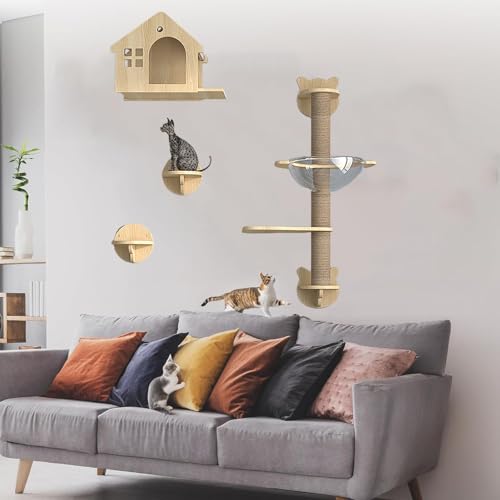 Pucaru Katzenwandregale Aus Holz, Kletterwand Katzen,stabile Katzenwandregale, Katzenhaus Und Wandsitzstangen, Katzenwand Zum Klettern und Schlafen(4pcs) von Pucaru