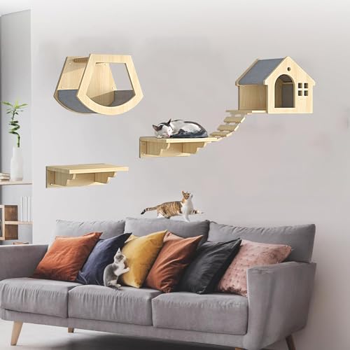 Pucaru Katzenwandregale Aus Holz, Kletterwand Katzen,stabile Katzenwandregale, Katzenhaus Und Wandsitzstangen, Katzenwand Zum Klettern und Schlafen(5pcs) von Pucaru