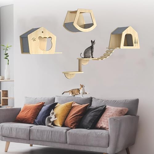 Pucaru Katzenwandregale Aus Holz, Kletterwand Katzen,stabile Katzenwandregale, Katzenhaus Und Wandsitzstangen, Katzenwand Zum Klettern und Schlafen(8pcs) von Pucaru