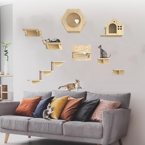 Pucaru Katzenwandregale Aus Holz, Kletterwand Katzen,stabile Katzenwandregale, Katzenhaus Und Wandsitzstangen, Katzenwand Zum Klettern und Schlafen(9pcs) von Pucaru
