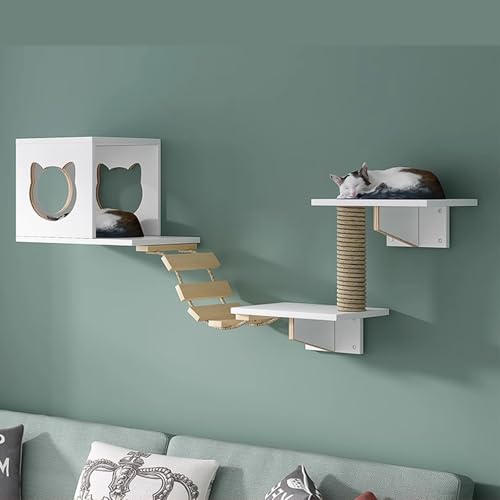 Pucaru Katzenwandregale Aus Kiefernholz,kletterwand Katzen Wandmontiertes Klettergerüst für Kätzchen, Herumstöbern und Spielen(4pcs) von Pucaru