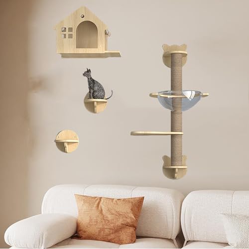 Pucaru Katzenwandregale aus Holz, Katzenwandmöbel，platzsparendes Katzenkletterregal für Den Innenbereich Zum Klettern und Schlafen(4pcs) von Pucaru