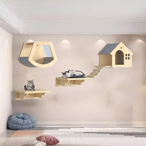 Pucaru Katzenwandregale aus Holz, Katzenwandmöbel，platzsparendes Katzenkletterregal für Den Innenbereich Zum Klettern und Schlafen(5pcs) von Pucaru
