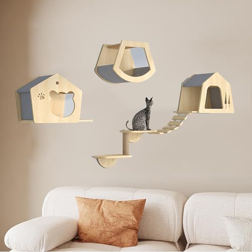 Pucaru Katzenwandregale aus Holz, Katzenwandmöbel，platzsparendes Katzenkletterregal für Den Innenbereich Zum Klettern und Schlafen(7pcs) von Pucaru