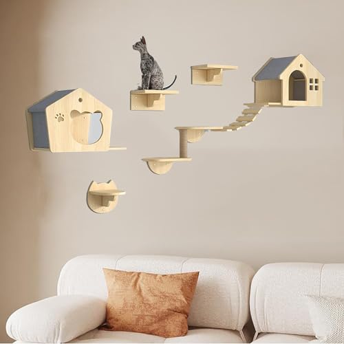 Pucaru Katzenwandregale aus Holz, Katzenwandmöbel，platzsparendes Katzenkletterregal für Den Innenbereich Zum Klettern und Schlafen(8pcs) von Pucaru