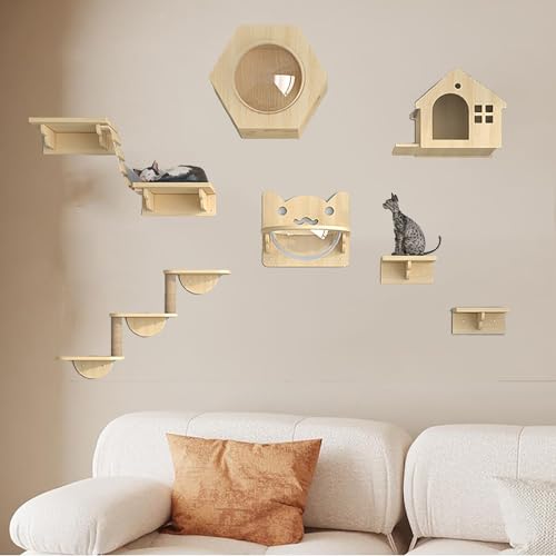 Pucaru Katzenwandregale aus Holz, Katzenwandmöbel，platzsparendes Katzenkletterregal für Den Innenbereich Zum Klettern und Schlafen(9pcs) von Pucaru