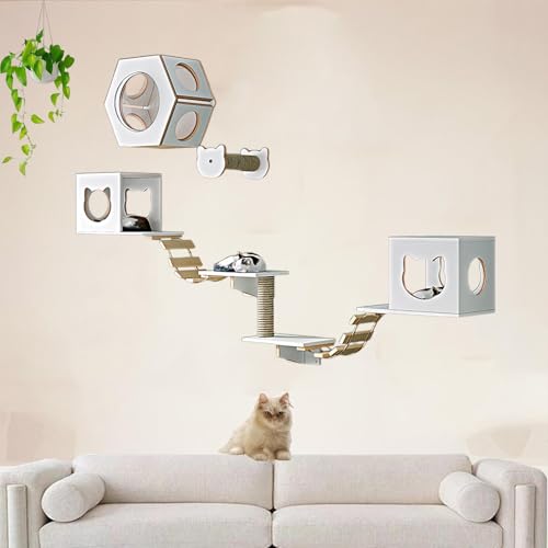 Pucaru Kiefernholz-Wandkratzbaum, Katzen，Katzenwandmöbel-Set, Spielplatz für Kätzchen im Wohnzimmer zum Klettern und Entspannen(10pcs) von Pucaru