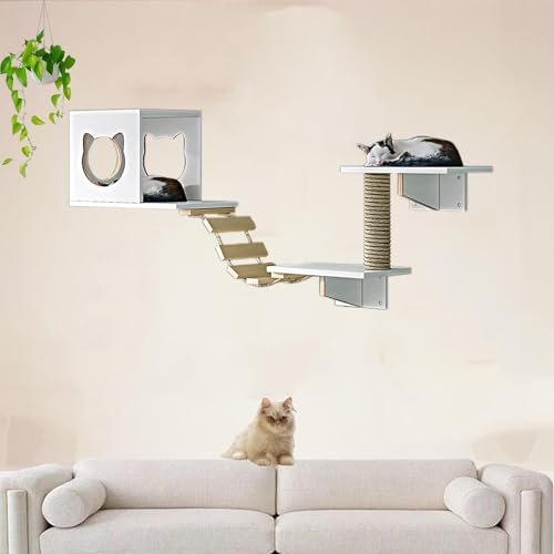 Pucaru Kiefernholz-Wandkratzbaum, Katzen，Katzenwandmöbel-Set, Spielplatz für Kätzchen im Wohnzimmer zum Klettern und Entspannen(4pcs) von Pucaru