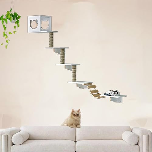 Pucaru Kiefernholz-Wandkratzbaum, Katzen，Katzenwandmöbel-Set, Spielplatz für Kätzchen im Wohnzimmer zum Klettern und Entspannen(5pcs) von Pucaru