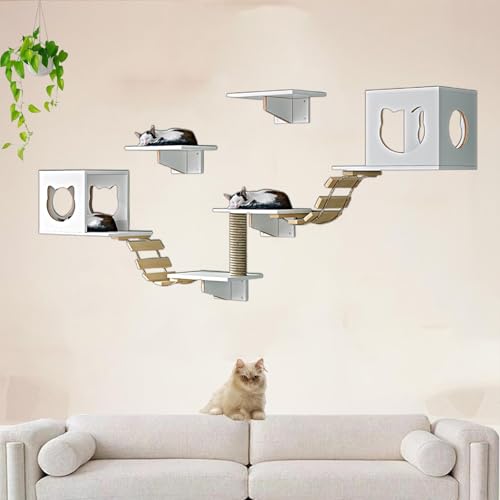 Pucaru Kiefernholz-Wandkratzbaum, Katzen，Katzenwandmöbel-Set, Spielplatz für Kätzchen im Wohnzimmer zum Klettern und Entspannen(7pcs) von Pucaru