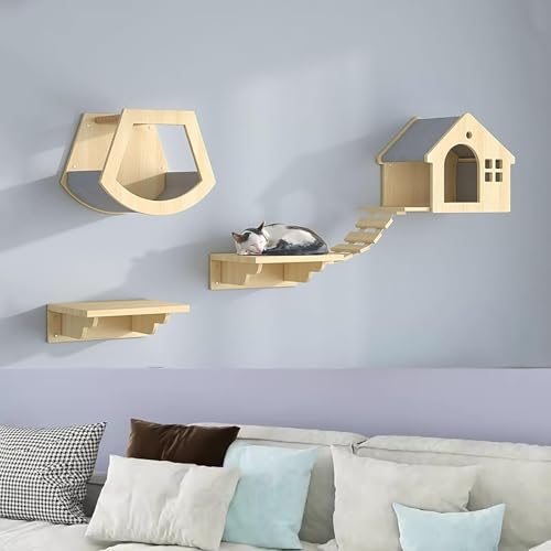 Pucaru Kletterwand Katzen, Holz, Katzenregale für Die Wand, DIY-Katzen-Wandspielplatz, Moderne Katzenmöbel(4pcs) von Pucaru