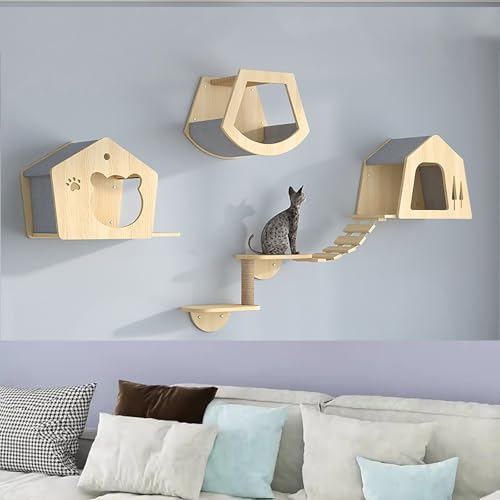 Pucaru Kletterwand Katzen, Holz, Katzenregale für Die Wand, DIY-Katzen-Wandspielplatz, Moderne Katzenmöbel(5pcs) von Pucaru