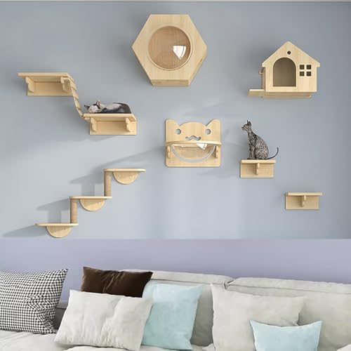 Pucaru Kletterwand Katzen, Holz, Katzenregale für Die Wand, DIY-Katzen-Wandspielplatz, Moderne Katzenmöbel(9pcs) von Pucaru