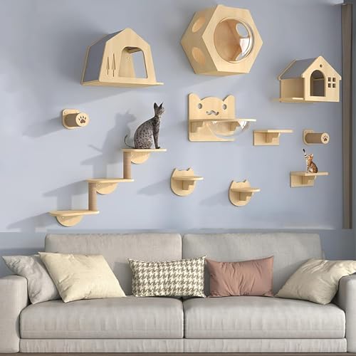Pucaru Kletterwand Katzen, Katzenwandrahmen, Katzenhaus aus Holz, Katzenwand-Laufsteg, Indoor-Katzenmöbel für Kätzchen Zum Spielen(11pcs) von Pucaru
