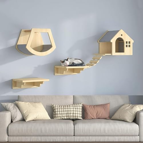 Pucaru Kletterwand Katzen, Katzenwandrahmen, Katzenhaus aus Holz, Katzenwand-Laufsteg, Indoor-Katzenmöbel für Kätzchen Zum Spielen(4pcs) von Pucaru