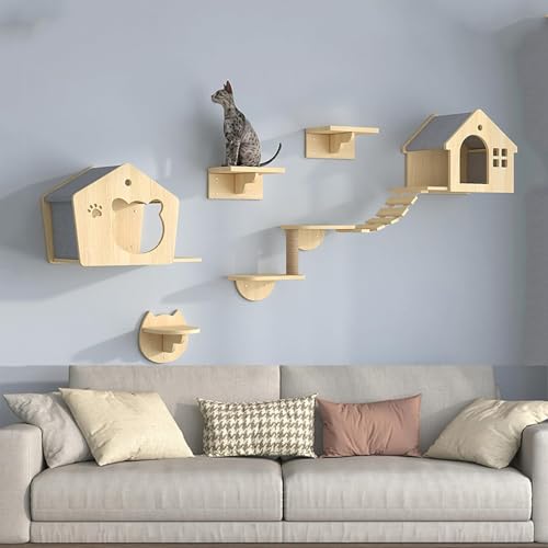Pucaru Kletterwand Katzen, Katzenwandrahmen, Katzenhaus aus Holz, Katzenwand-Laufsteg, Indoor-Katzenmöbel für Kätzchen Zum Spielen(7pcs) von Pucaru