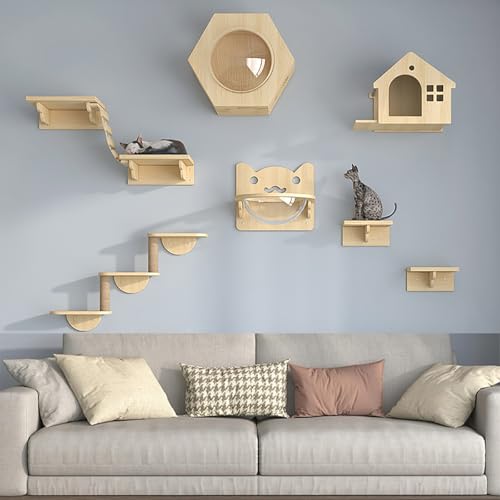 Pucaru Kletterwand Katzen, Katzenwandrahmen, Katzenhaus aus Holz, Katzenwand-Laufsteg, Indoor-Katzenmöbel für Kätzchen Zum Spielen(9pcs) von Pucaru