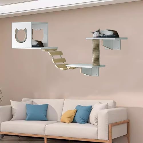 Pucaru Kletterwand Katzen Aus Holz, Katzenmöbel-Set, Katzenregal an der Wand, Ideal Zum Klettern, und Nickerchen für Ihre Katze(4pcs) von Pucaru
