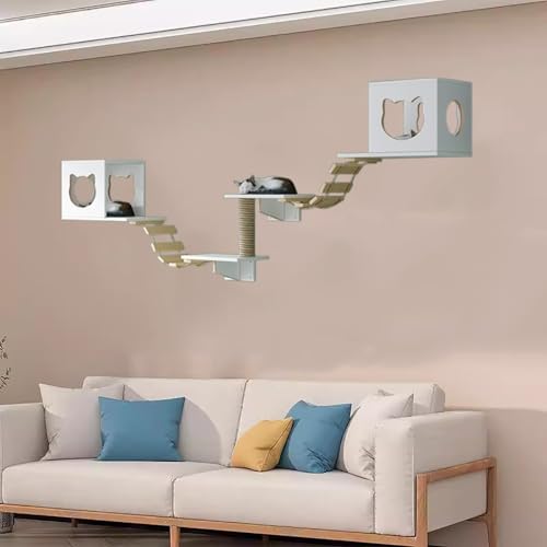 Pucaru Kletterwand Katzen Aus Holz, Katzenmöbel-Set, Katzenregal an der Wand, Ideal Zum Klettern, und Nickerchen für Ihre Katze(6pcs) von Pucaru