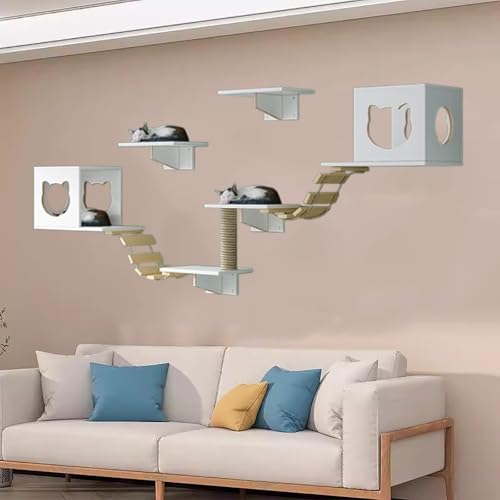 Pucaru Kletterwand Katzen Aus Holz, Katzenmöbel-Set, Katzenregal an der Wand, Ideal Zum Klettern, und Nickerchen für Ihre Katze(7pcs) von Pucaru