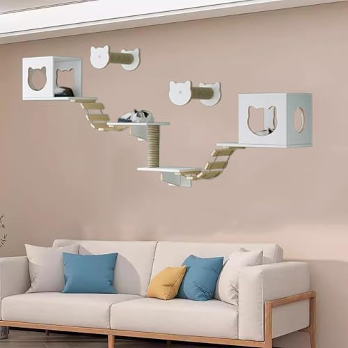 Pucaru Kletterwand Katzen Aus Holz, Katzenmöbel-Set, Katzenregal an der Wand, Ideal Zum Klettern, und Nickerchen für Ihre Katze(9pcs) von Pucaru