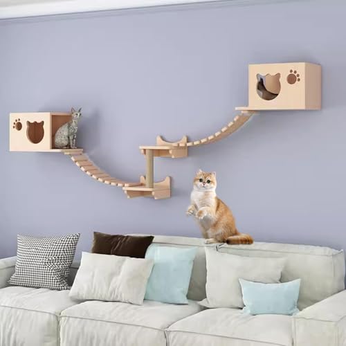 Pucaru Luxuriöses Katzenklettergerüst-Set, Katzen Kletterwand Wandregal Aus Holz, Katzenmöbel, Klettergerüst für Wohnungskatzen(7pcs) von Pucaru