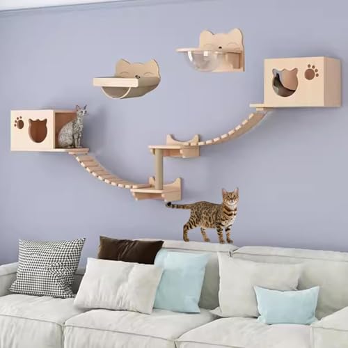Pucaru Luxuriöses Katzenklettergerüst-Set, Katzen Kletterwand Wandregal Aus Holz, Katzenmöbel, Klettergerüst für Wohnungskatzen(9pcs) von Pucaru