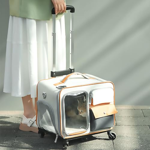 Pucaru Tragbare Trolley-Tasche für Haustiere, Katzen-Hunde-Tragetasche mit Rädern, Rollende Haustier-Tragetasche mit Teleskopgriff, Belüftet und Atmungsaktiv (Color : Light Rice) von Pucaru