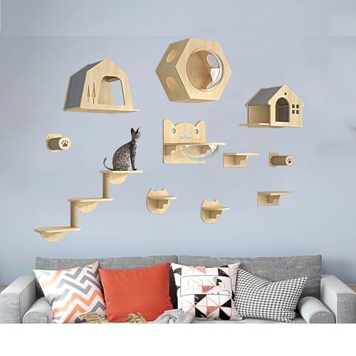 Pucaru Wandregale for Katzen Aus Holz, Wandmontierte Katzenregale, Katzenhaus und Wandstangen, Katzenwand for Klettern, Schlafen(11pcs) von Pucaru