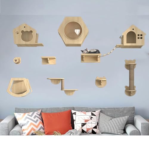 Pucaru Wandregale for Katzen Aus Holz, Wandmontierte Katzenregale, Katzenhaus und Wandstangen, Katzenwand for Klettern, Schlafen(12pcs) von Pucaru