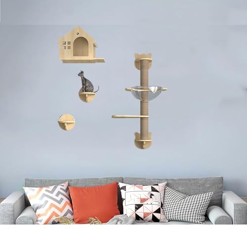 Pucaru Wandregale for Katzen Aus Holz, Wandmontierte Katzenregale, Katzenhaus und Wandstangen, Katzenwand for Klettern, Schlafen(4pcs) von Pucaru