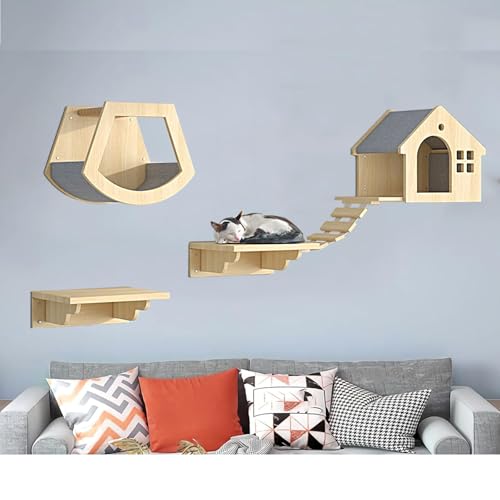 Pucaru Wandregale for Katzen Aus Holz, Wandmontierte Katzenregale, Katzenhaus und Wandstangen, Katzenwand for Klettern, Schlafen(5pcs) von Pucaru
