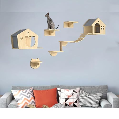 Pucaru Wandregale for Katzen Aus Holz, Wandmontierte Katzenregale, Katzenhaus und Wandstangen, Katzenwand for Klettern, Schlafen(8pcs) von Pucaru