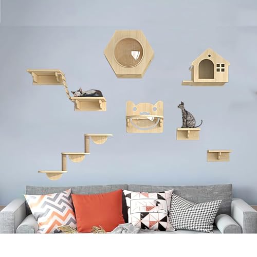 Pucaru Wandregale for Katzen Aus Holz, Wandmontierte Katzenregale, Katzenhaus und Wandstangen, Katzenwand for Klettern, Schlafen(9pcs) von Pucaru