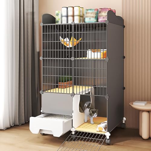Pucaru Tragbarer Katzenkäfig, Katzentoilette, Integrierte Katzenvilla, Abnehmbare Katzenzwinger aus Metalldraht, Stauraum auf der Oberseite(75x39x125cm) von Pucaru