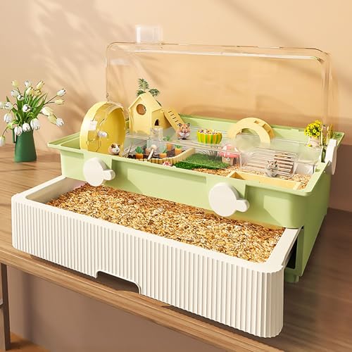 Pucaru Transparenter Hamsterkäfig, Doppelschichtiger Rennmauskäfig, Hamsterzuchtbox im Schubladenstil, Leicht zu Reinigen, mit Laufrädern, Tunneln(Green) von Pucaru