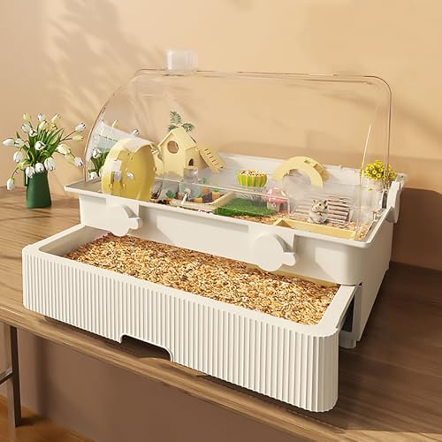 Transparenter Hamsterkäfig, Doppelschichtiger Rennmauskäfig, Hamsterzuchtbox im Schubladenstil, Leicht zu Reinigen, mit Laufrädern, Tunneln(White) von Pucaru