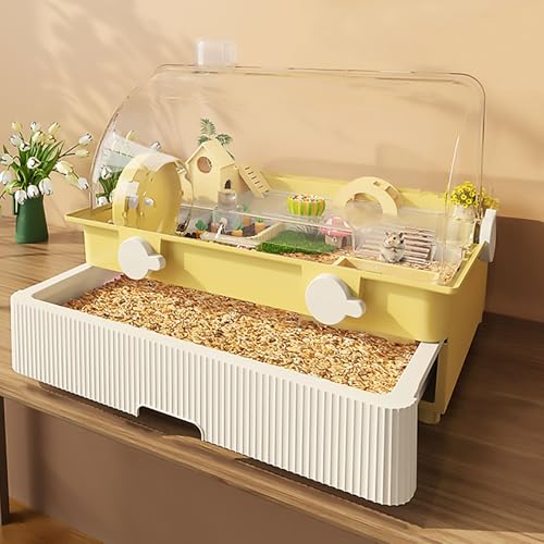Transparenter Hamsterkäfig, Doppelschichtiger Rennmauskäfig, Hamsterzuchtbox im Schubladenstil, Leicht zu Reinigen, mit Laufrädern, Tunneln(Yellow) von Pucaru