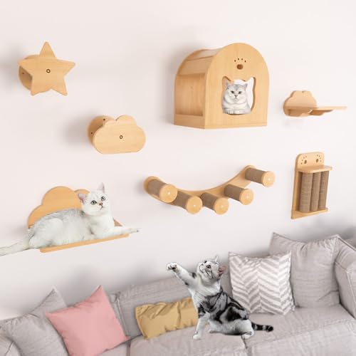 Wandmontierte Katzen Kletterwand, Katze Wandelement und Sitzstangen für die Wand, Katzenwandmöbel-Set, DIY-Kombination(Style7) von Pucaru