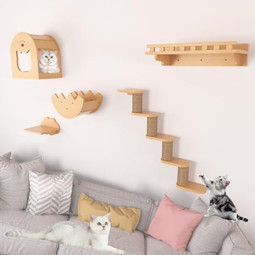 Wandmontiertes Katzen-Klettergerüst-Set, Katzen-Kletterwand, Katzen-Wandmöbel, Katzenhaus, Sisal-Pfostenleiter und Katzenstufen (Color : Style5) von Pucaru