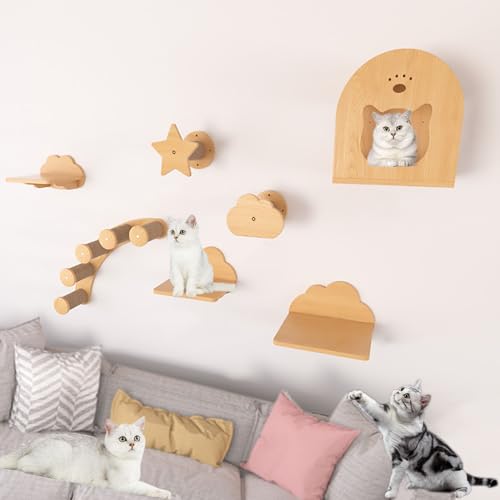 Wandmontiertes Katzen-Klettergerüst-Set, Katzen-Kletterwand, Katzen-Wandmöbel, Katzenhaus, Sisal-Pfostenleiter und Katzenstufen (Color : Style6) von Pucaru
